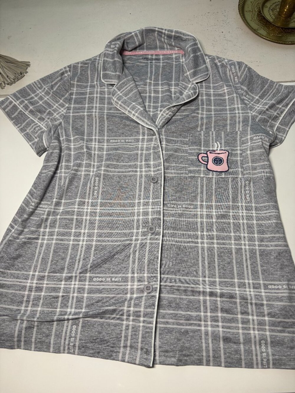 Life is Good Sleepwear 2pc Coffee Mug Notch Collar Gray Plaid Pajama Set  MEDIUM